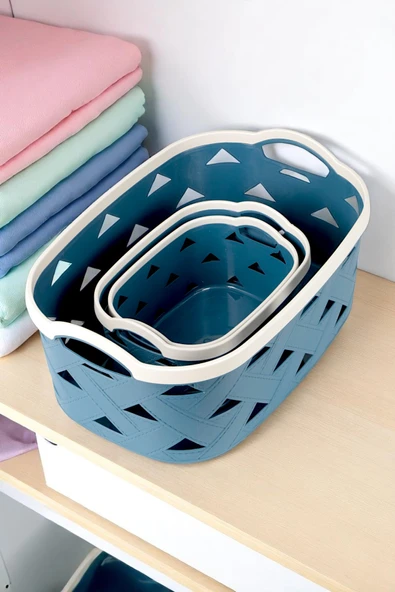 3lü Dekoratif Deri Görünüm Dolap İçi Düzenleyici Saklama Kutusu Mutfak Banyo Organizer Sepet Mavi - 2