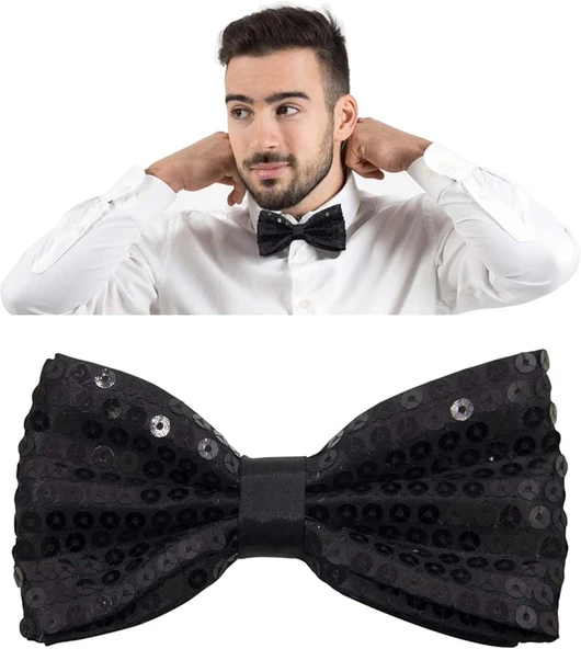 Gece Işıltısı Siyah Payetli Pullu Papyon 7x2 cm - Resim 2