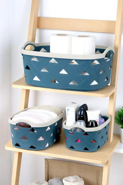 3lü Dekoratif Deri Görünüm Dolap İçi Düzenleyici Saklama Kutusu Mutfak Banyo Organizer Sepet Mavi