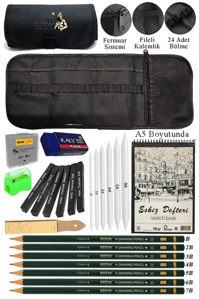 A5 Telli Eskiz Defteri Spiralli Karakalem Rulo Kalemlik Siyah 24 Bölmeli Kömür Füzen Dereceli Kalem Gölgeleme Dağıtma