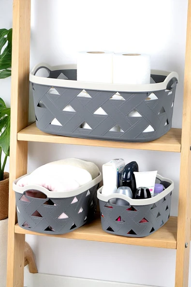 3lü Dekoratif Deri Görünüm Dolap İçi Düzenleyici Saklama Kutusu Mutfak Banyo Organizer Sepet Antrasit ürün görseli