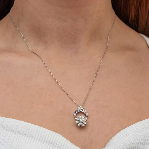 Gümüş Beyaz Dönen Çiçek Kadın Kolye - Resim 3