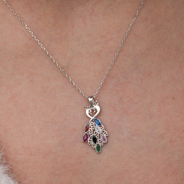 Gümüş Renkli Taşlı Tavus Kuşu Kadın Kolye - Resim 3