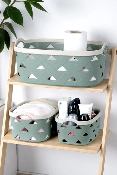 3lü Dekoratif Deri Görünüm Dolap İçi Düzenleyici Saklama Kutusu Mutfak Banyo Organizer Sepet Yeşil