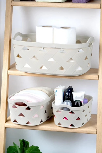 3lü Dekoratif Deri Görünüm Dolap İçi Düzenleyici Saklama Kutusu Mutfak Banyo Organizer Sepet Krem