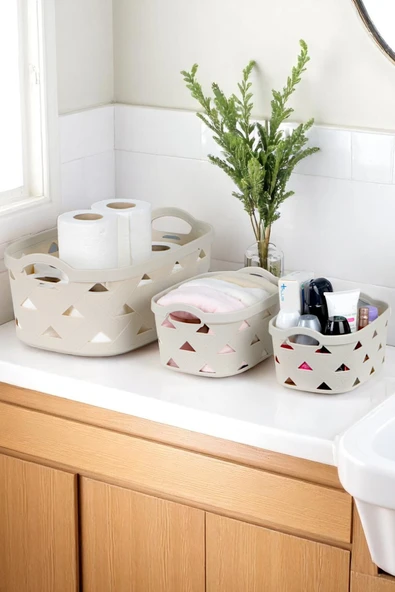 3lü Dekoratif Deri Görünüm Dolap İçi Düzenleyici Saklama Kutusu Mutfak Banyo Organizer Sepet Krem - 3