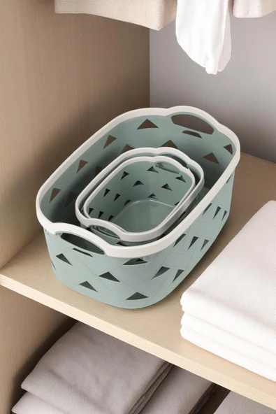 3lü Dekoratif Deri Görünüm Dolap İçi Düzenleyici Saklama Kutusu Mutfak Banyo Organizer Sepet Yeşil - 2