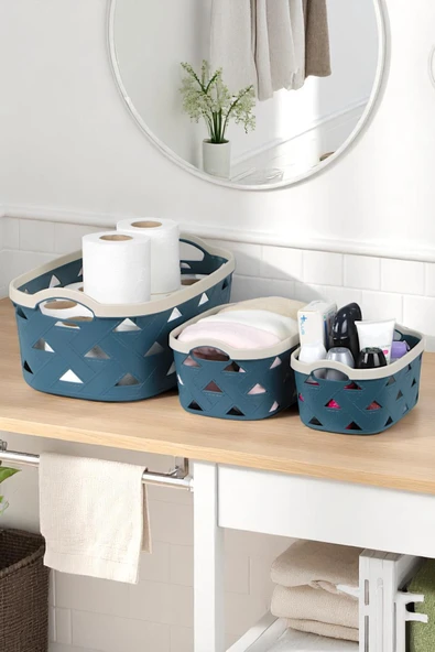 3lü Dekoratif Deri Görünüm Dolap İçi Düzenleyici Saklama Kutusu Mutfak Banyo Organizer Sepet Mavi - 3