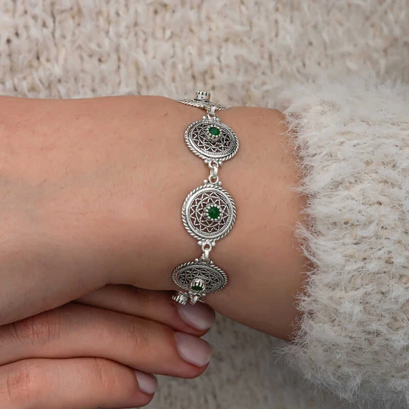 Gümüş Telkari Zümrüt Taşlı Kadın Bileklik - Resim 5
