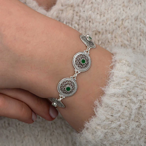 Gümüş Telkari Zümrüt Taşlı Kadın Bileklik - Resim 2