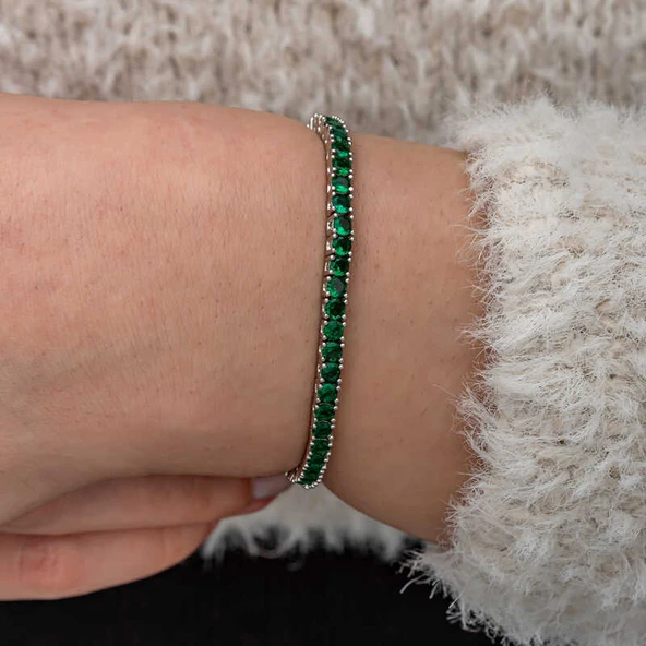 Gümüş Yeşil Zirkon Taşlı Su Yolu Kadın Bileklik - Resim 4