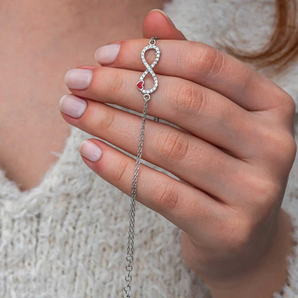 Gümüş Sonsuzluk Kırmızı Kalpli Kadın Bileklik - Resim 4