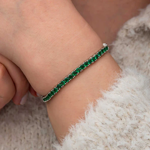 Gümüş Yeşil Zirkon Taşlı Su Yolu Kadın Bileklik - Resim 3