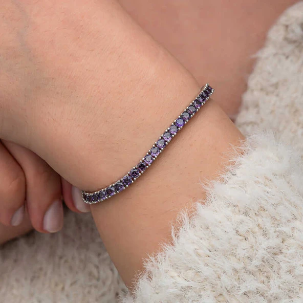 Gümüş Mor Zirkon Taşlı Su Yolu Kadın Bileklik - Resim 5