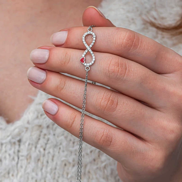 Gümüş Sonsuzluk Kırmızı Kalpli Kadın Bileklik ürün görseli 1