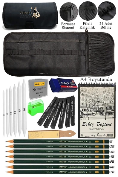 A4 Telli Eskiz Defteri Spiralli Karakalem Rulo Kalemlik Siyah 24 Bölmeli Kömür Füzen Dereceli Kalem Gölgeleme Dağıtma