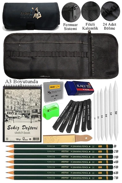 A3 Telli Eskiz Defteri Spiralli Karakalem Rulo Kalemlik Siyah 24 Bölmeli Kömür Füzen Dereceli Kalem Gölgeleme Dağıtma