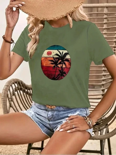 Kadın Kısa Kollu Palmiye Baskılı Viskon T-shirt - 2