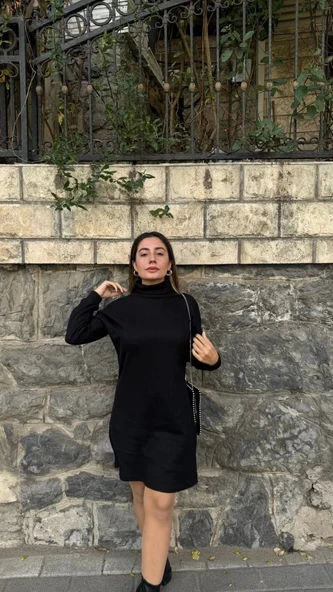 Kadın Uzun Kollu Balıkçı Yaka Kısa şardonlu Kaşkorse Elbise - 5
