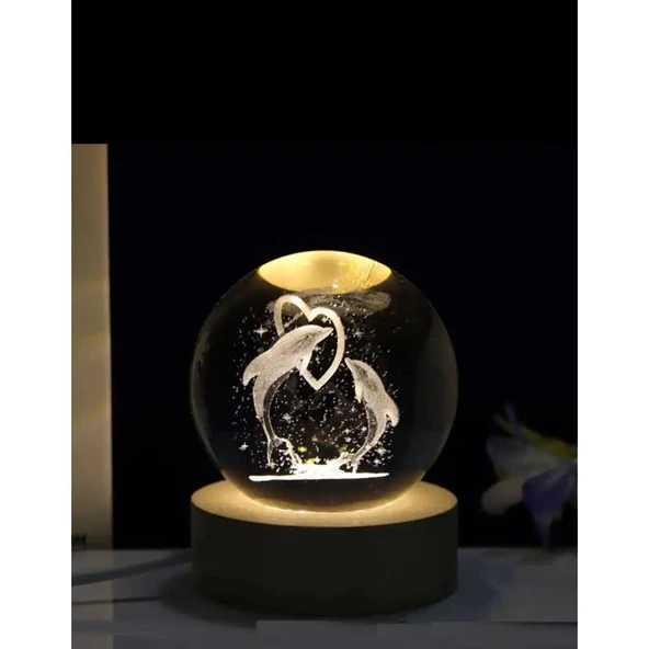 Kalp İçindeki Yunus Balıkları Renk Değiştiren Işıklı Cam Küre 8cm ürün görseli