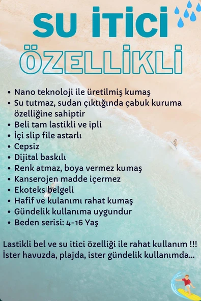 4-16 Yaş Su İtici Özellikli Dijital Baskılı Çocuk Deniz Şort Mayo // 1025 - 3