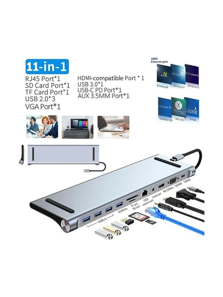 11/12-İN-1 TYPE C DOCK USB C HUB 3.0 SPLİTTER ÇOKLAYICI 4K RJ45 SD/TF VGA HDMI UYUMLU DİZÜSTÜ BİLGİSAYAR BYL-2003 - Resim 3