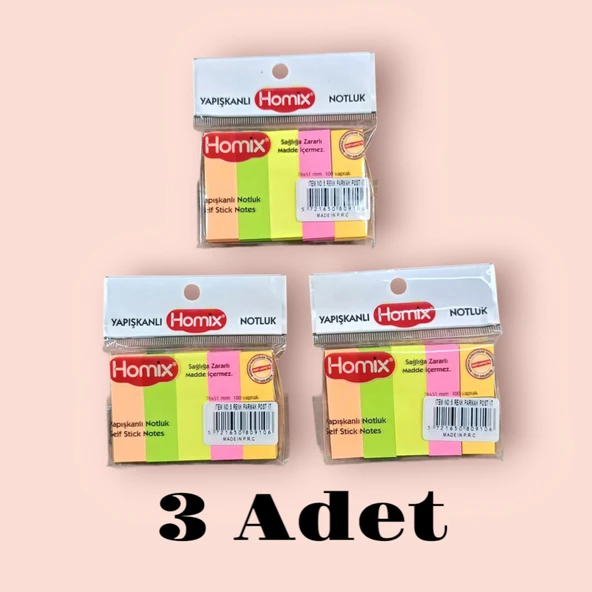 Homix 3 PAKET Yapışkanlı Renkli Parmak Post-it Notluk 5'li