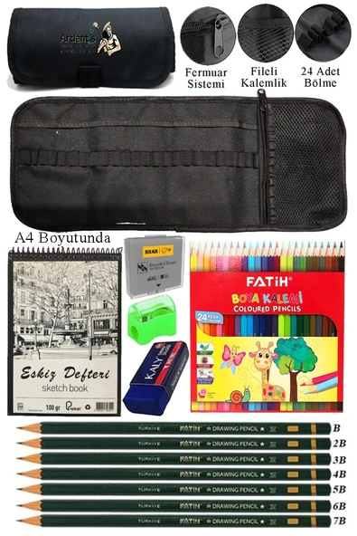 A4 Telli Eskiz Defteri Spiralli Rulo Kalemlik Siyah 24 Bölmeli 24 Renk Kuruboya Dereceli Kalem Hamur Silgi Resim Sanat