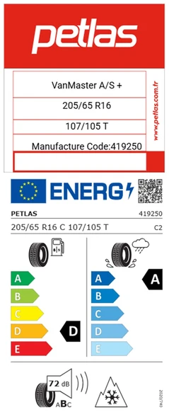 Petlas 205/65 R16 C TL 107/105T 8PR VANMASTER + A/S Dört Mevsim Kamyonet Lastiği (Üretim Yılı: 2025) - Resim 2
