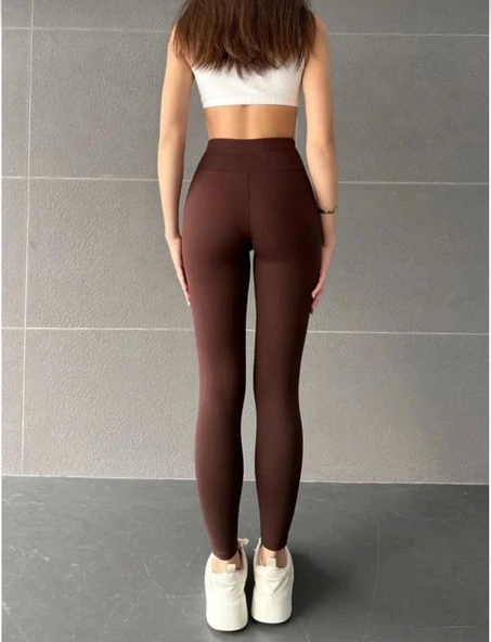 Nonofit Yüksek Bel Düz Sporcu Tayt - Kahve - 2