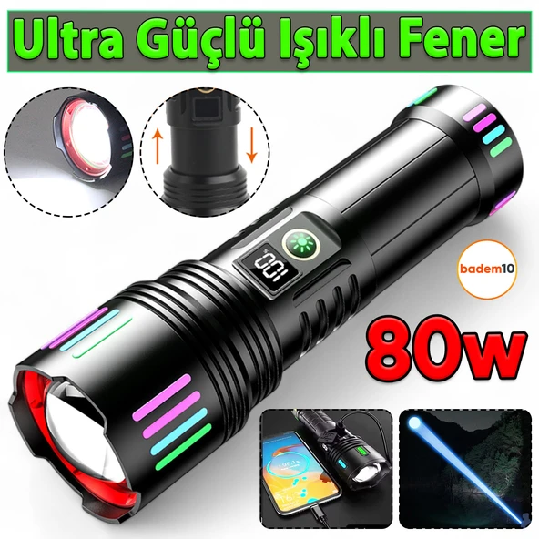 3000 Lümen Şarjlı Powerbank Özellikli Usb Su Geçirmez LED El Feneri Güçlü Işık Kamp Güvenlik Ev Fener