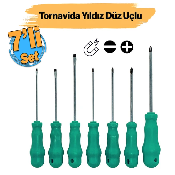Tornavida Seti Düz Yıldız Uçlu (7'Li SET) Mıknatıslı Vida Sıkma Sökme - 1
