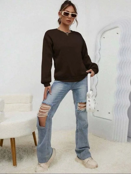 Kadın Uzun Kollu Bisiklet Yaka şardonlu üç Iplik Kumaş Sweat - Resim 3