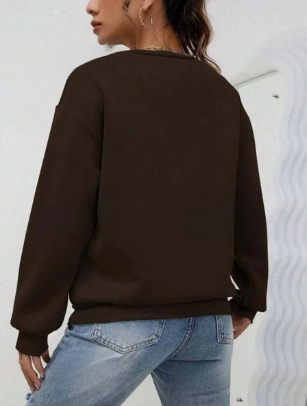 Kadın Uzun Kollu Bisiklet Yaka şardonlu üç Iplik Kumaş Sweat - Resim 4