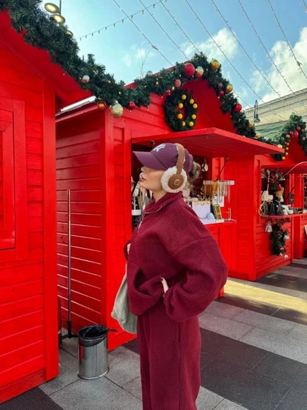 Kalın Polar Yakalı Fermuarlı Sweat Pantolonlu Takım - Bordo - 2