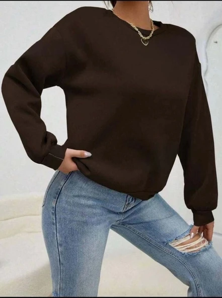 Kadın Uzun Kollu Bisiklet Yaka şardonlu üç Iplik Kumaş Sweat - Resim 2