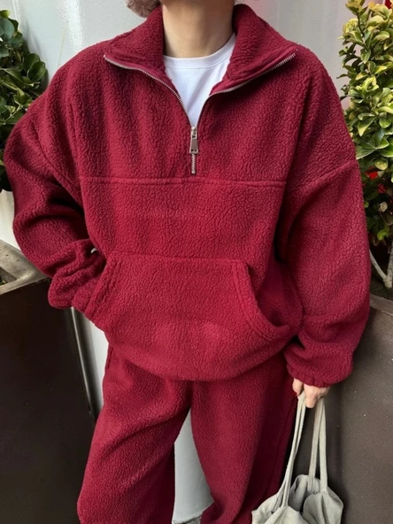 Kalın Polar Yakalı Fermuarlı Sweat Pantolonlu Takım - Bordo - 4