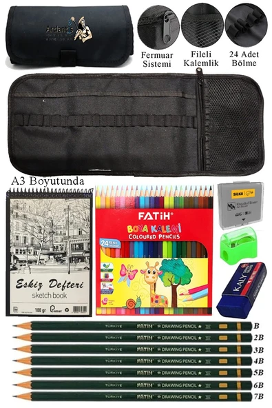 A3 Telli Eskiz Defteri Spiralli Rulo Kalemlik Siyah 24 Bölmeli 24 Renk Kuruboya Dereceli Kalem Hamur Silgi Resim Sanat ürün görseli