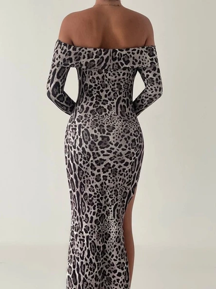 Kadın Madonna Yaka Dalgıç Kumaş Leopar Desen Maxi Boy Derin Yırtmaçlı Elbise - 10