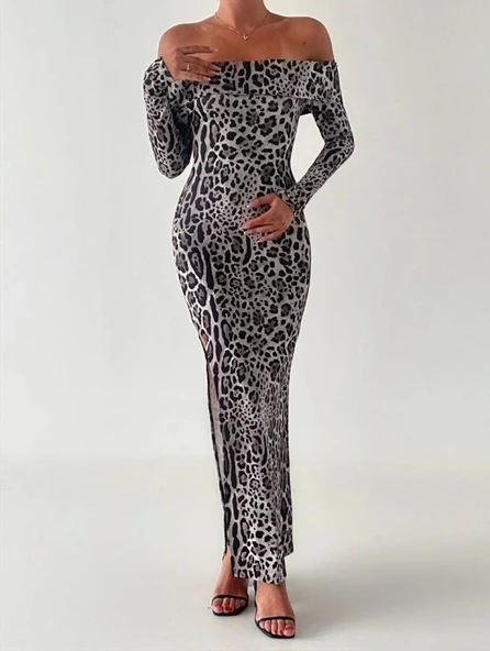 Kadın Madonna Yaka Dalgıç Kumaş Leopar Desen Maxi Boy Derin Yırtmaçlı Elbise - 7