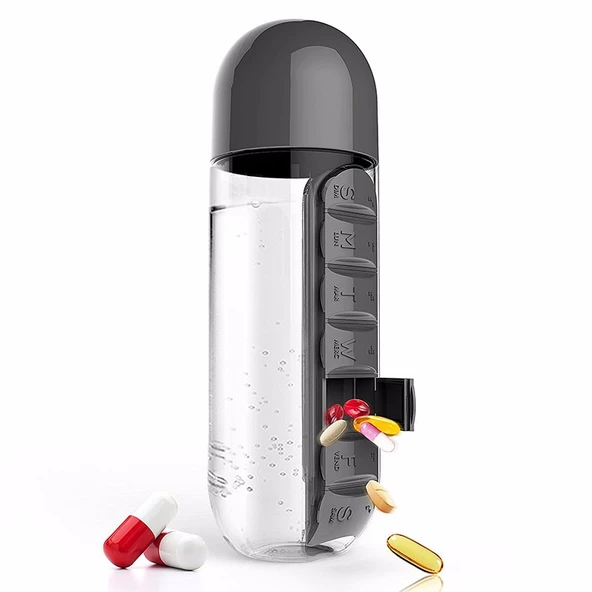 Haftalık İlaç Organizerli Plastik Su Şişesi 600 ml - 4