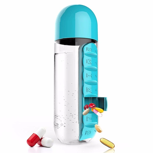 Haftalık İlaç Organizerli Plastik Su Şişesi 600 ml - 3