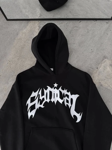 Üç İplik Kapşonlu Baskılı Oversize SweatShirt- Siyah - Resim 2