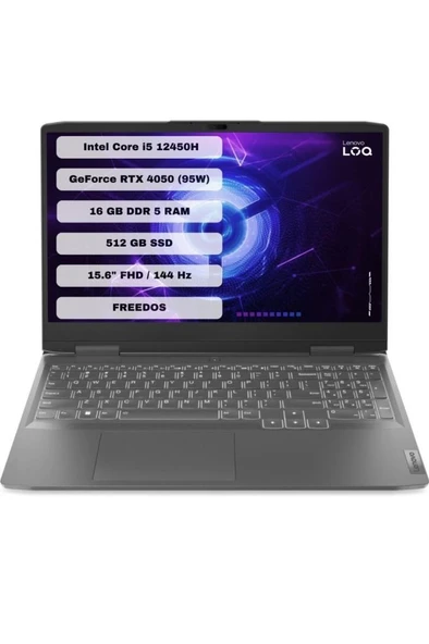 Lenovo LOQ 15IRH8 Intel Core i5 12450H 16GB 512GB SSD RTX4050 Freedos 15.6" FHD Taşınabilir Bilgisayar 82XV00FYTX
