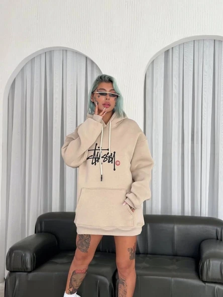 Üç İplik Kapşonlu Baskılı SweatShirt - Bej - 3