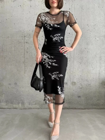 Baskılı Şifon Kimono Elbise - Siyah - 4