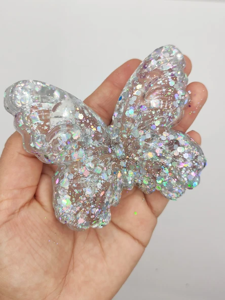 Kelebek Şeffaf Glitter Simli Moj Moj Taba Squishy Sıkma 10x8 cm Simli Sukuşi - Gri - 2