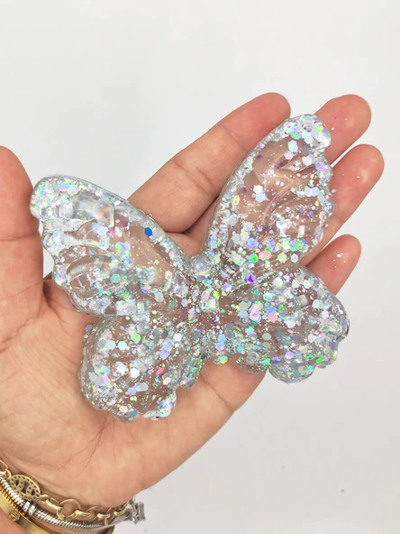 Kelebek Şeffaf Glitter Simli Moj Moj Taba Squishy Sıkma 10x8 cm Simli Sukuşi - Gri - 1