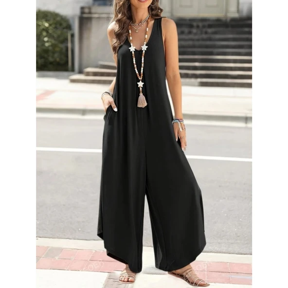 Lucky Life Kadın Askılı Yuvarlak Yaka Cepli Salaş Uzun Viskon Tulum