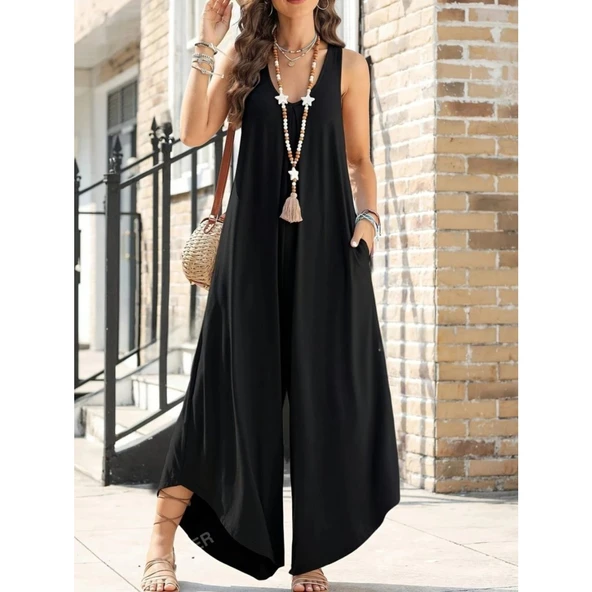 Lucky Life Kadın Askılı Yuvarlak Yaka Cepli Salaş Uzun Viskon Tulum - 4